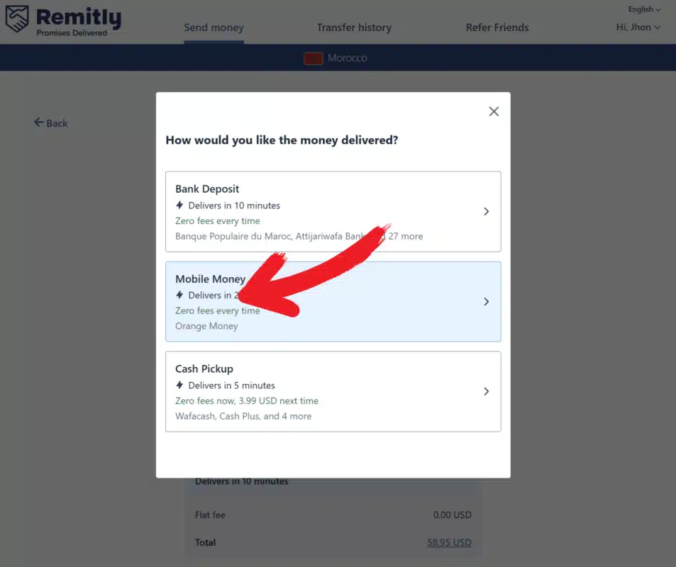 Remitly: choose Mobile Money as the delivery method to Morocco