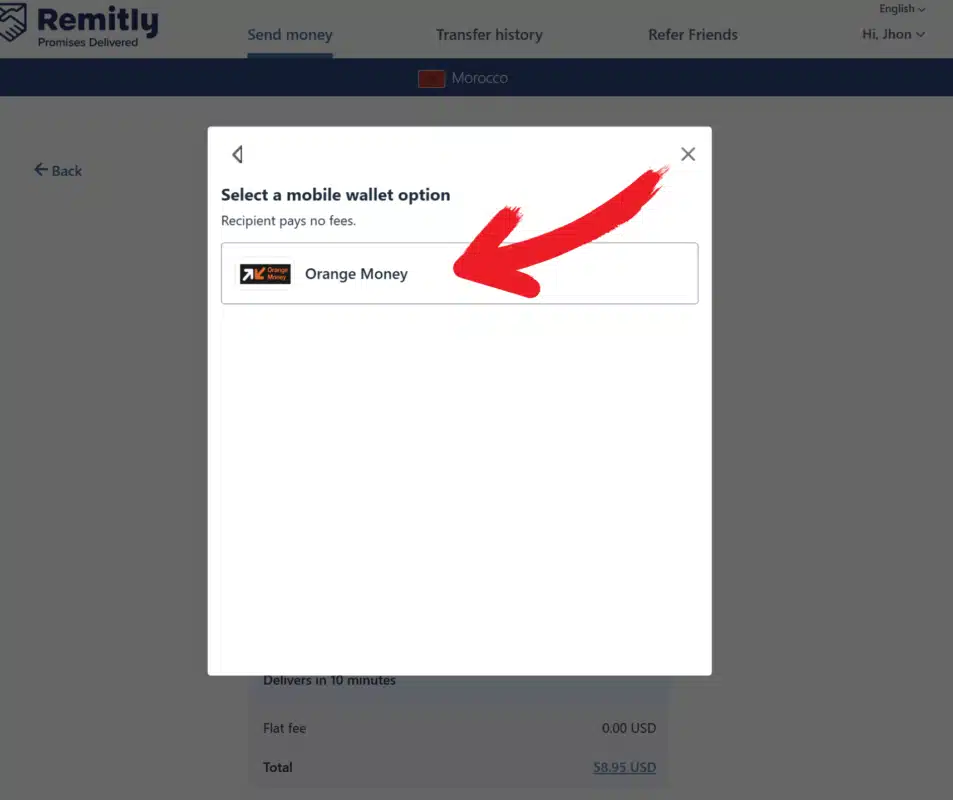 Remitly: select Orange Money as the mobile wallet
