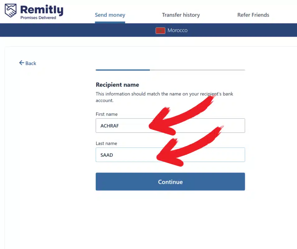 Remitly: enter the recipient's first and last name