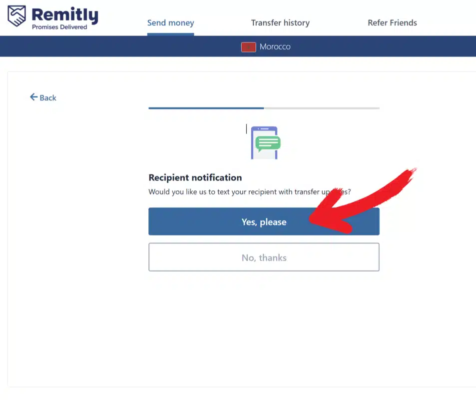 Remitly: choose Yes to notify the recipient of the transfer