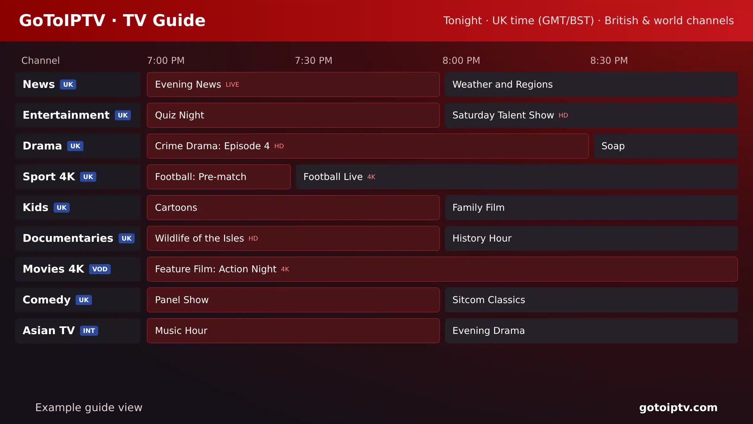 Best IPTV UK TV guide in UK time with entertainment, news, sport and kids channels