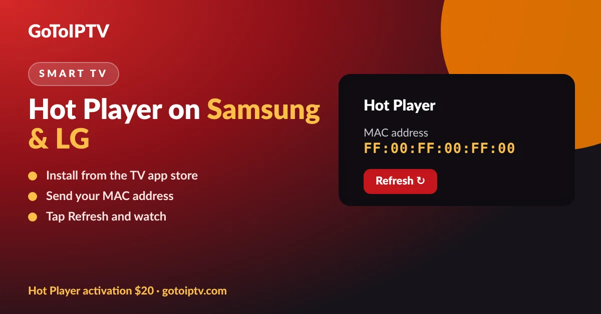 Hot Player Samsung and LG smart TV: install, send the MAC address, tap Refresh