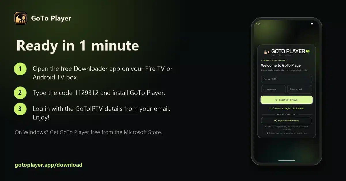 GoTo Player free IPTV player: ready in 1 minute with Downloader code 1129312