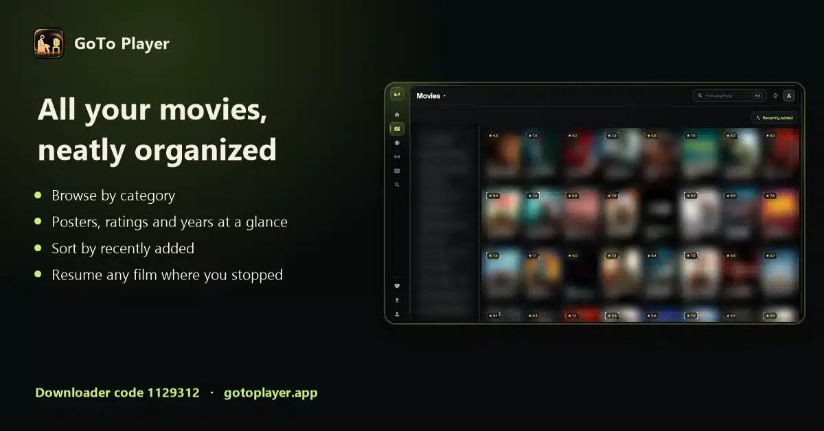 Free IPTV player GoTo Player: movies organized by category with resume playback