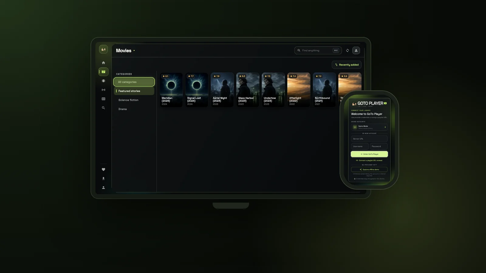 Free IPTV player for Windows: GoTo Player movies on a PC screen and the login screen on a phone (demo library)