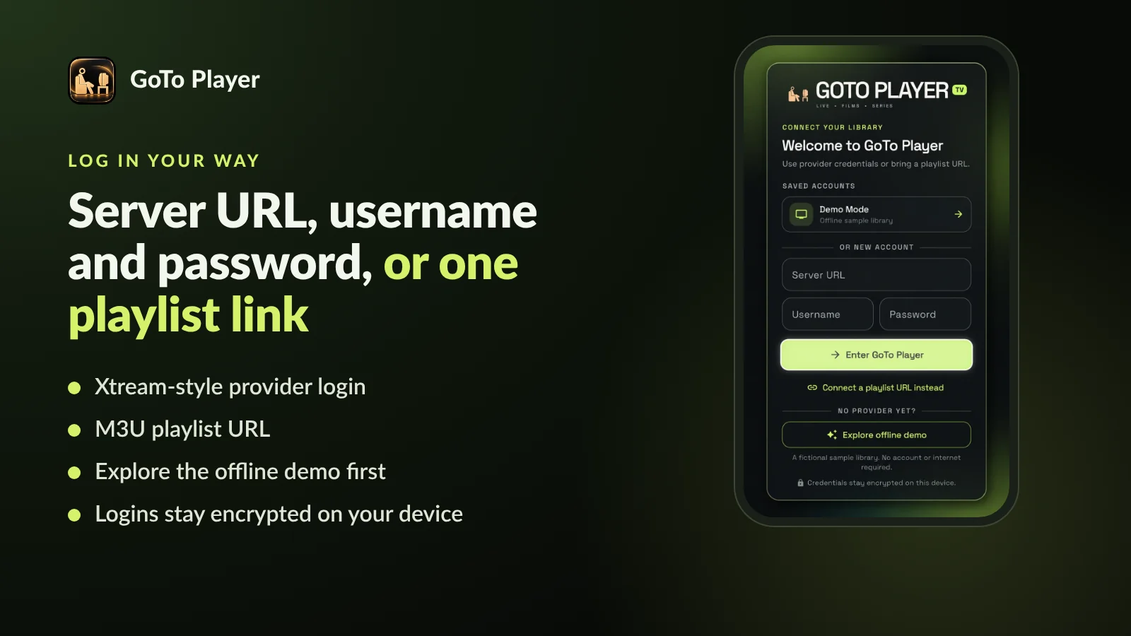 Xtream player login in GoTo Player: server URL, username and password, or a playlist link
