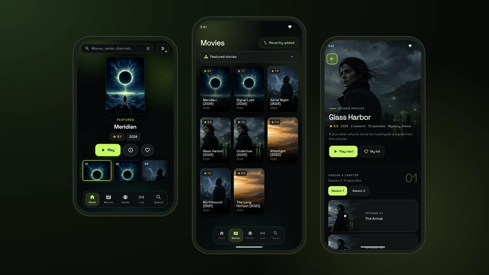 GoTo Player phone layout: home, movies and series (demo library)