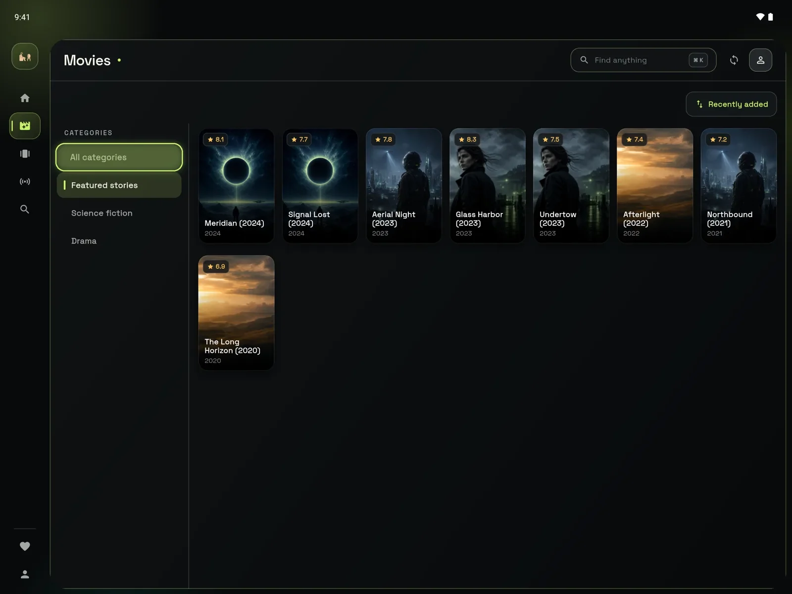Movies sorted by category in an Xtream player: GoTo Player on a tablet (demo library)