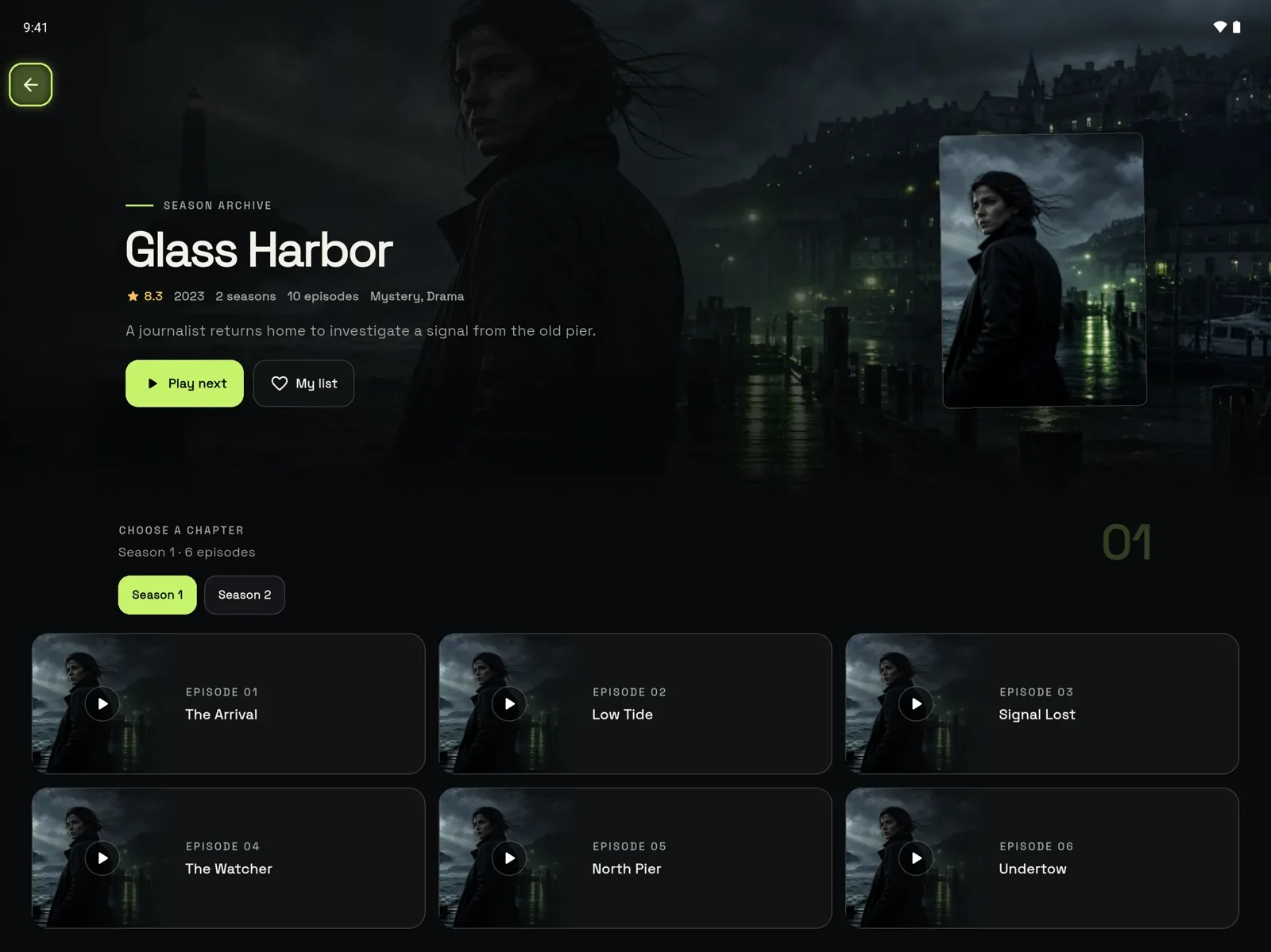 GoTo Player tablet layout: series with seasons and episodes (demo library)