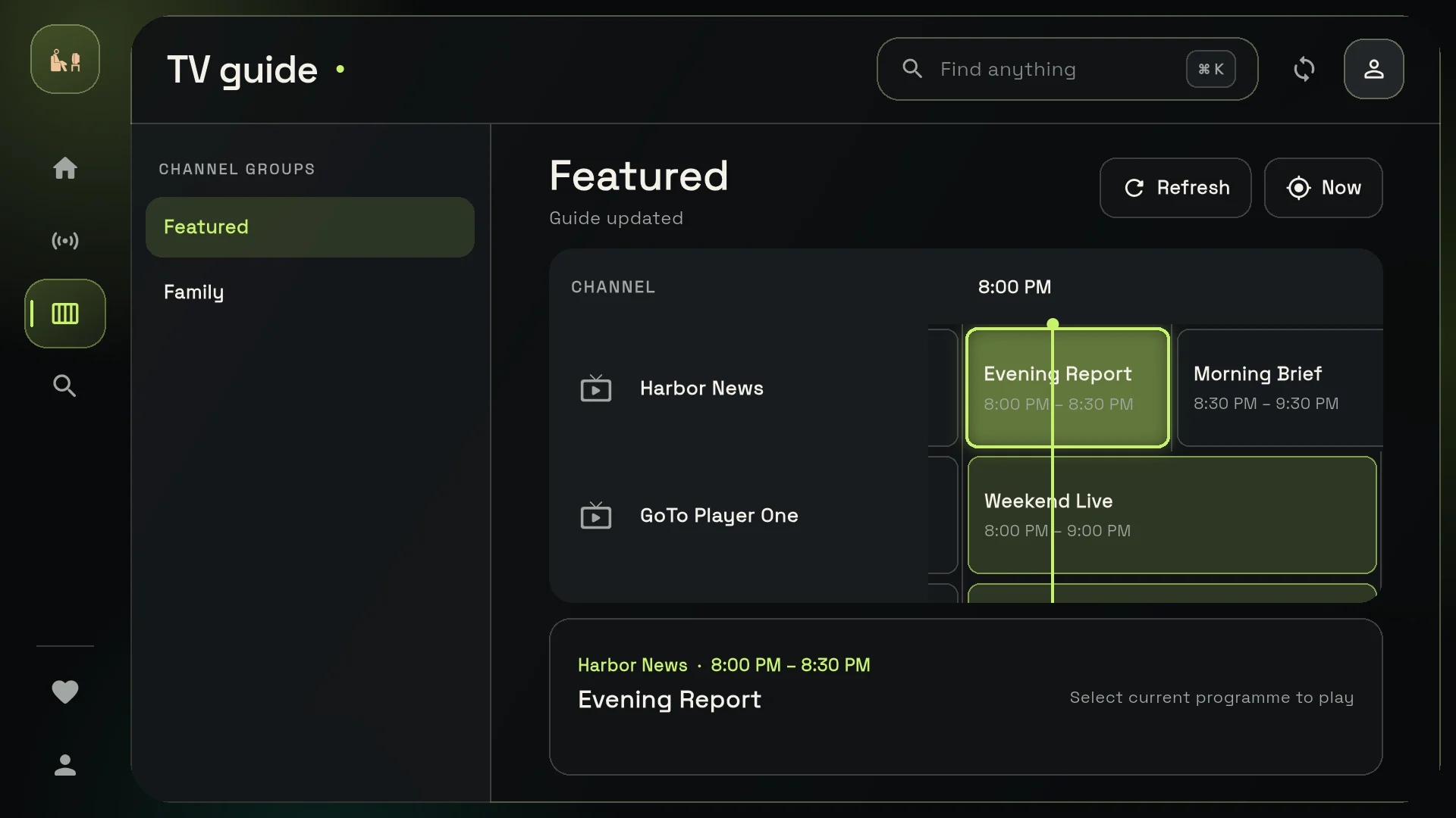 GoTo Player TV guide (EPG) on the TV: channel groups, timeline and now line (invented sample channels)