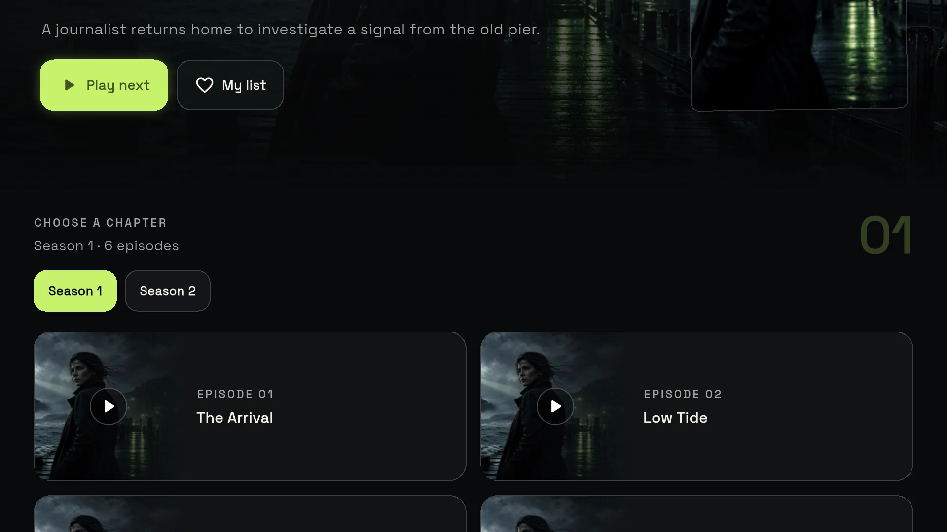 GoTo Player on the TV: a series with seasons and episode cards (demo library)