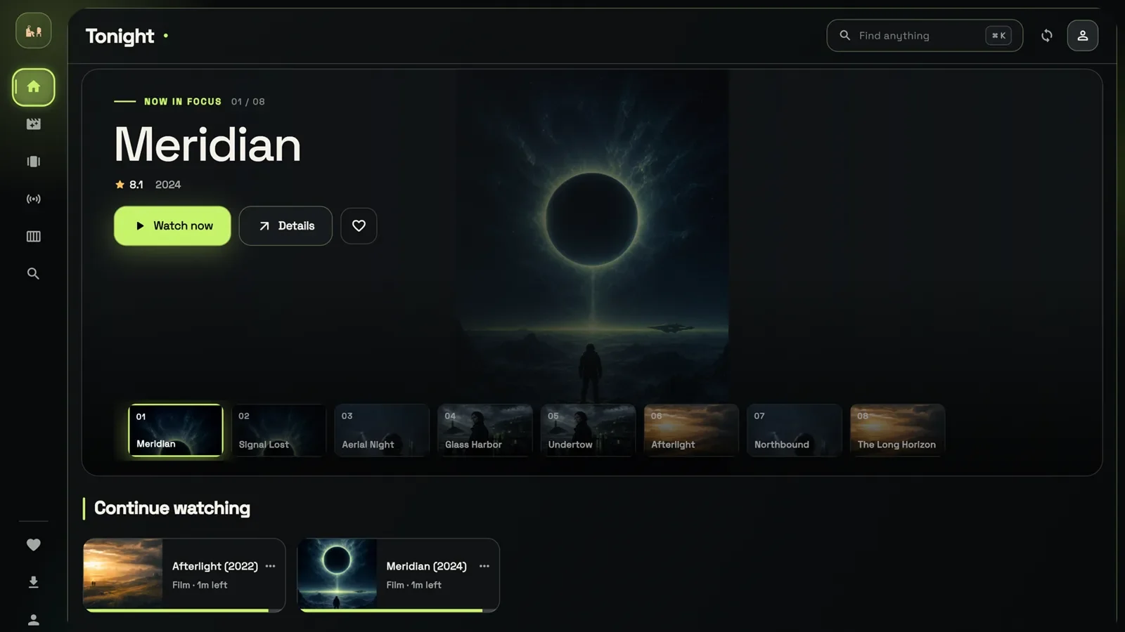 GoTo Player free IPTV player home screen with Now in focus and Continue watching (demo library)