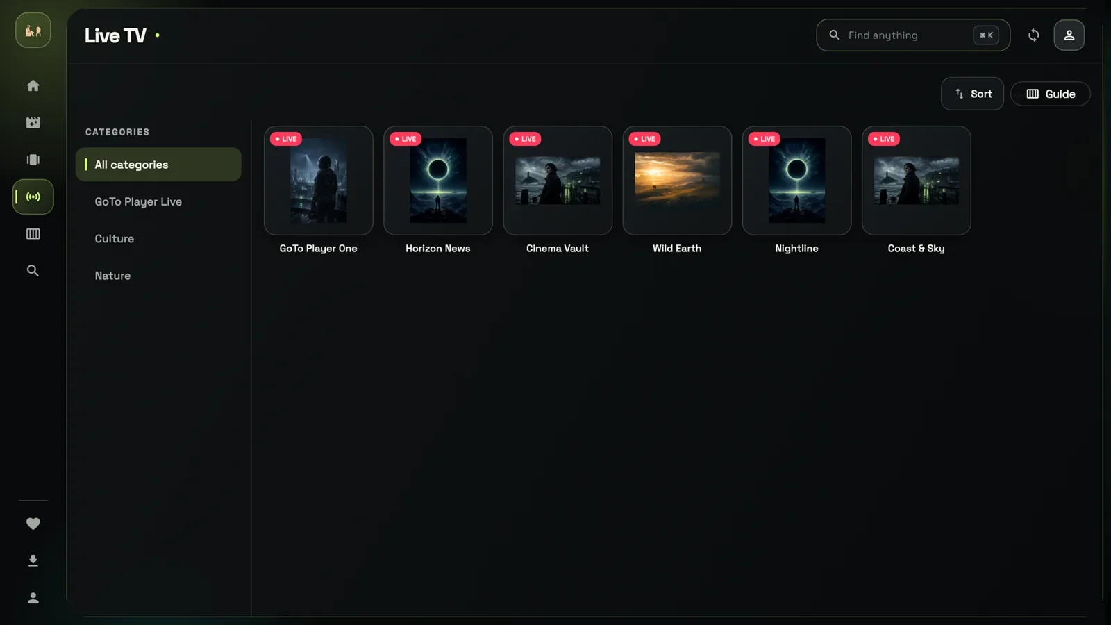 M3U player GoTo Player: live TV sorted by category, with Sort and Guide buttons (demo channels)
