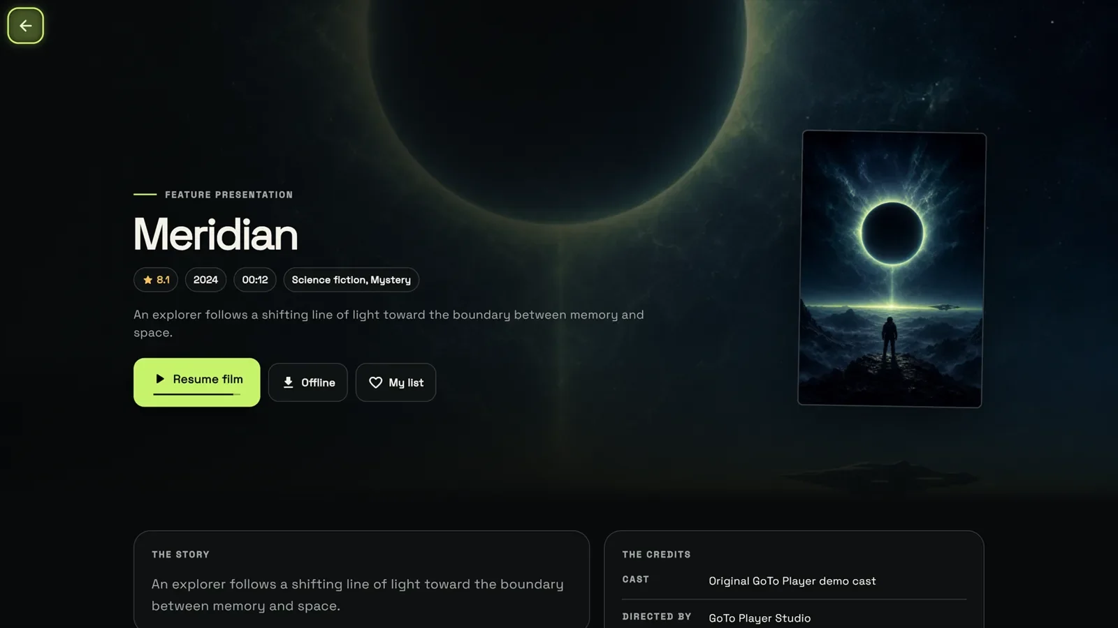 GoTo Player movie page with Resume, Offline download and My list (demo library)