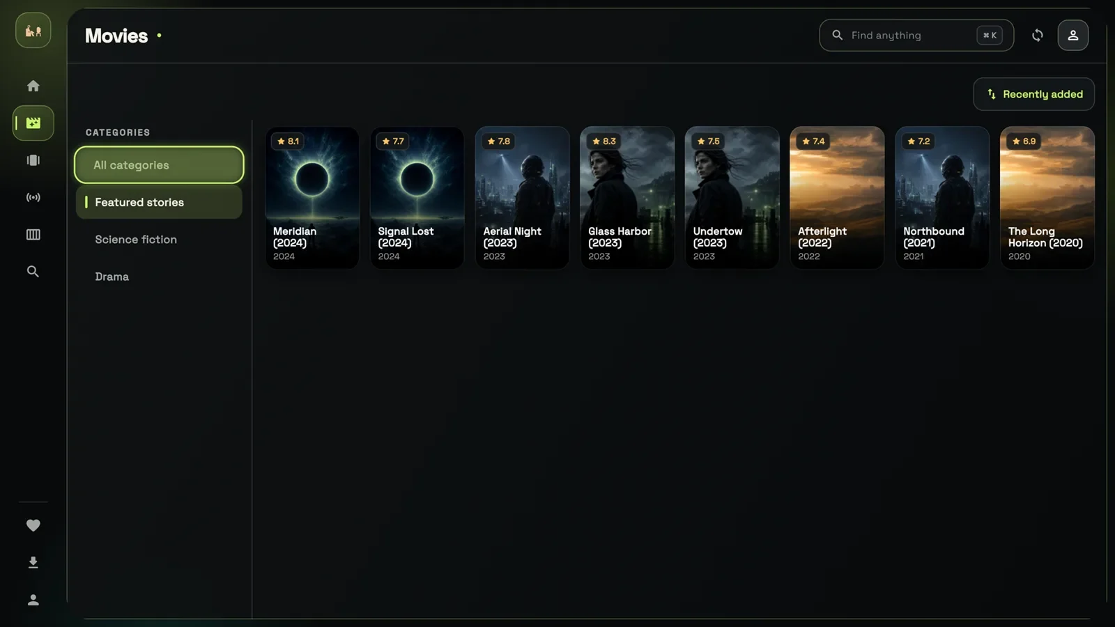 GoTo Player M3U player: films sorted by category with ratings and Recently added (demo library)