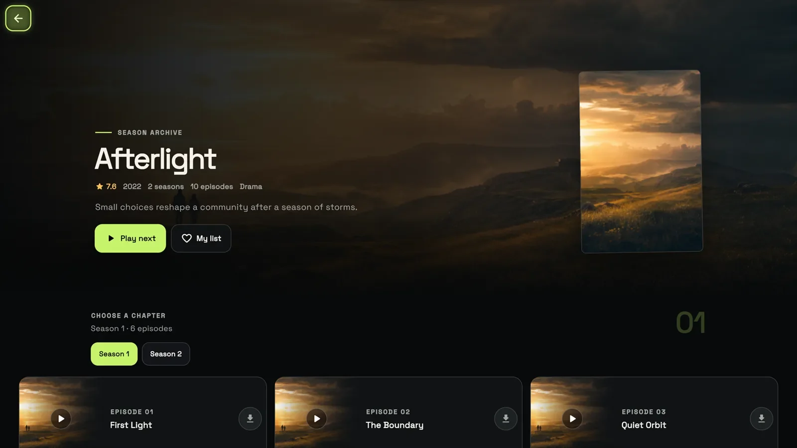 GoTo Player series page with seasons, episodes and downloads (demo library)