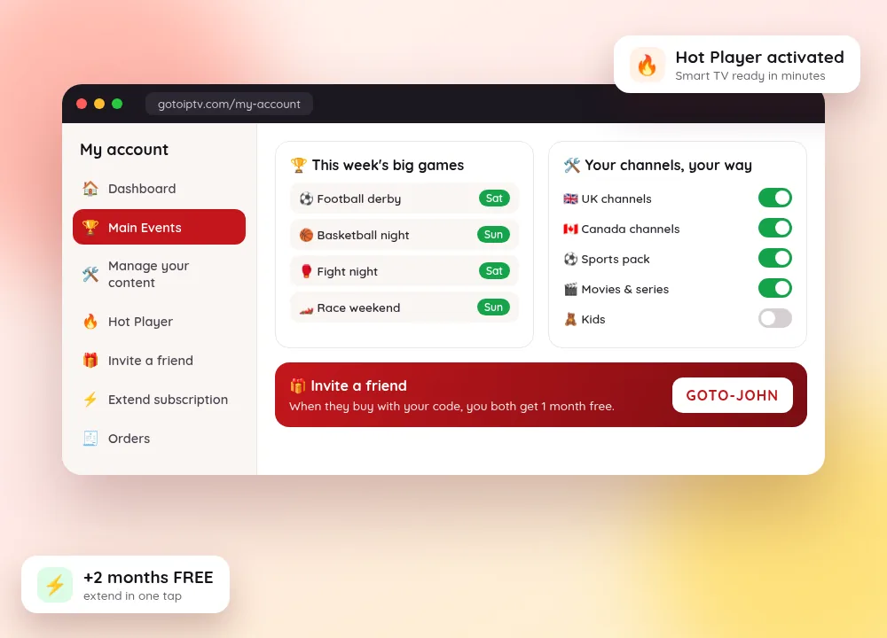 GoToIPTV My Account: Main Events of the week, choose your channels, Hot Player activation and invite a friend for 1 free month