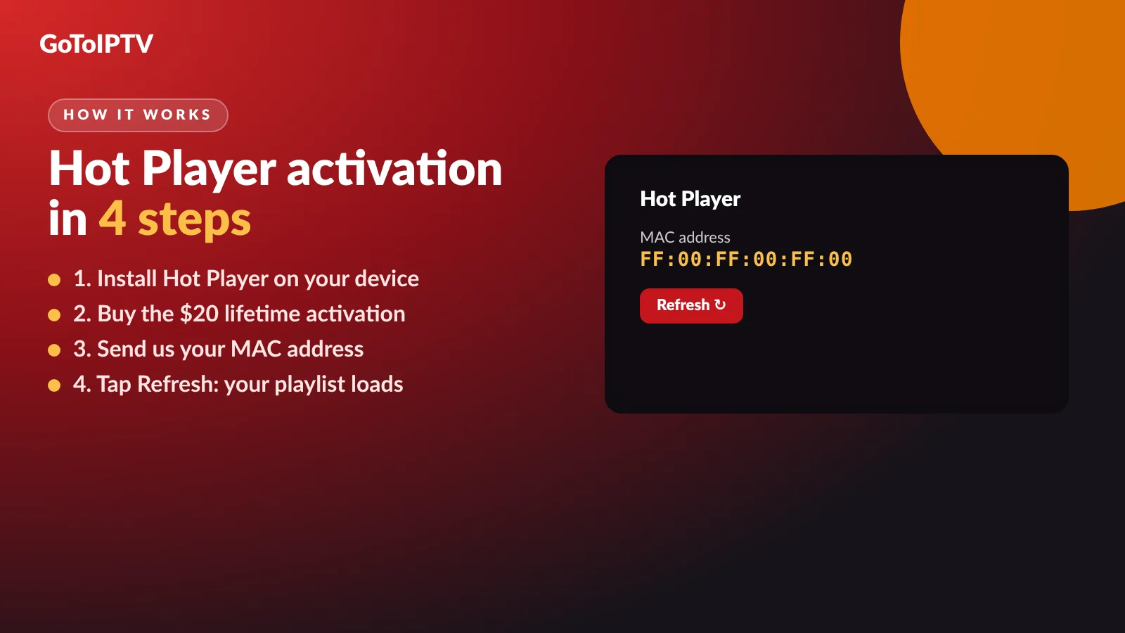Hot Player MAC address activation in 4 steps: install, buy, send the MAC address, tap Refresh