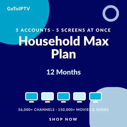 IPTV 12 Months Subscription – 5 Lines Household Max Plan: best IPTV with 5 connections