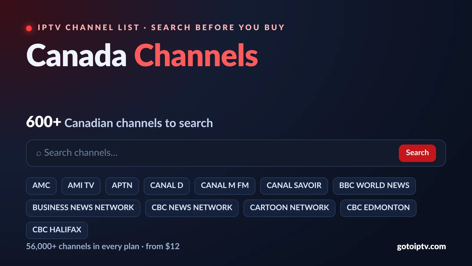 Canadian IPTV channels list with live search in English and French