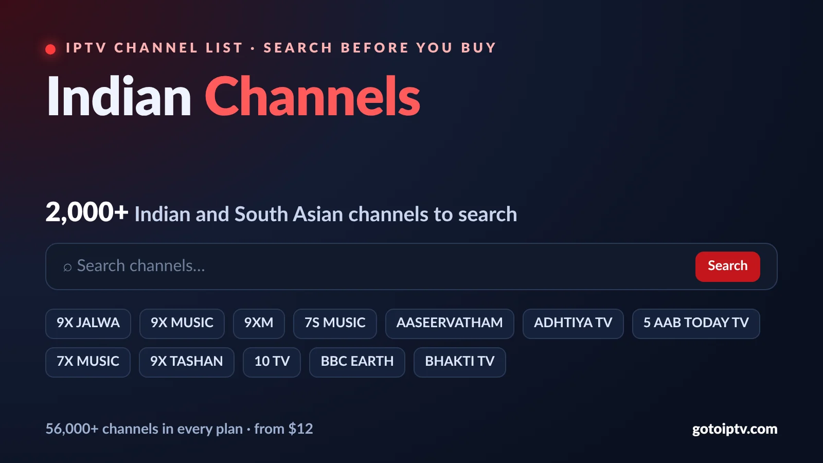 Indian IPTV channels list with live search by language