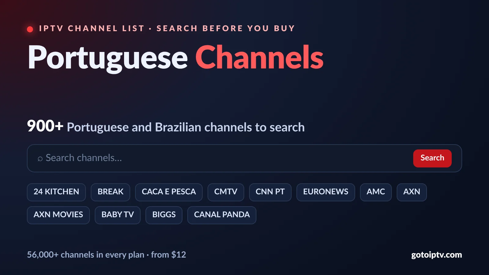 Portuguese IPTV channels list with live search: Portugal and Brazil