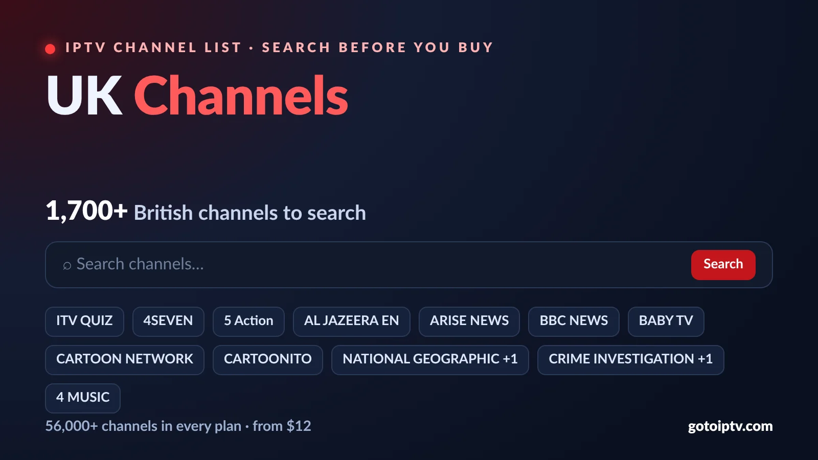 UK IPTV channels list with live search: British entertainment, news and kids channels