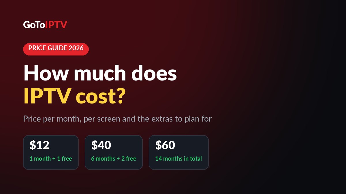 IPTV cost 2026: how much an IPTV subscription costs, from $12 for 1 month + 1 free to $60 for 14 months