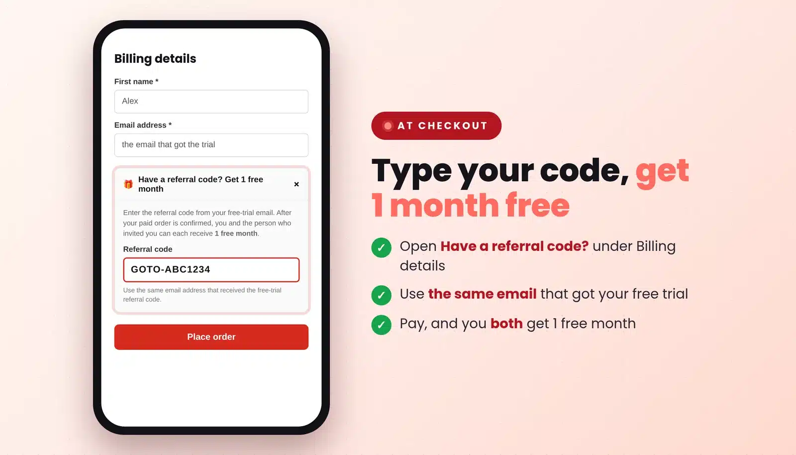 Where to type your IPTV referral code at checkout: Have a referral code? under Billing details