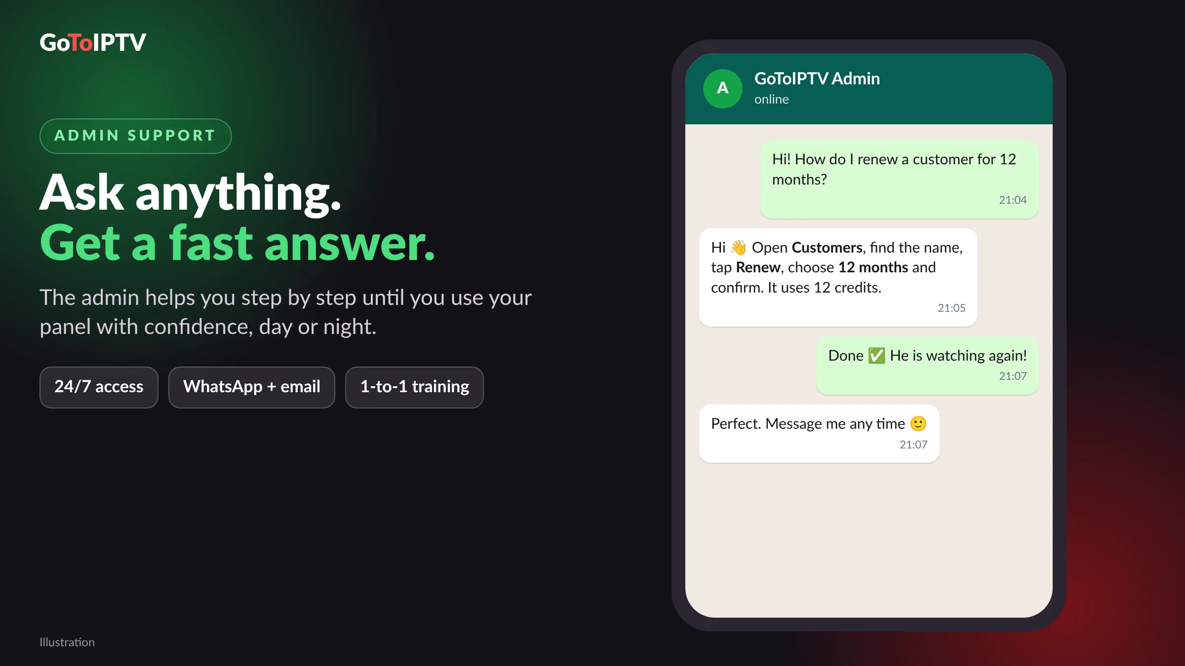 IPTV business support: the admin answers resellers on WhatsApp step by step (illustration)