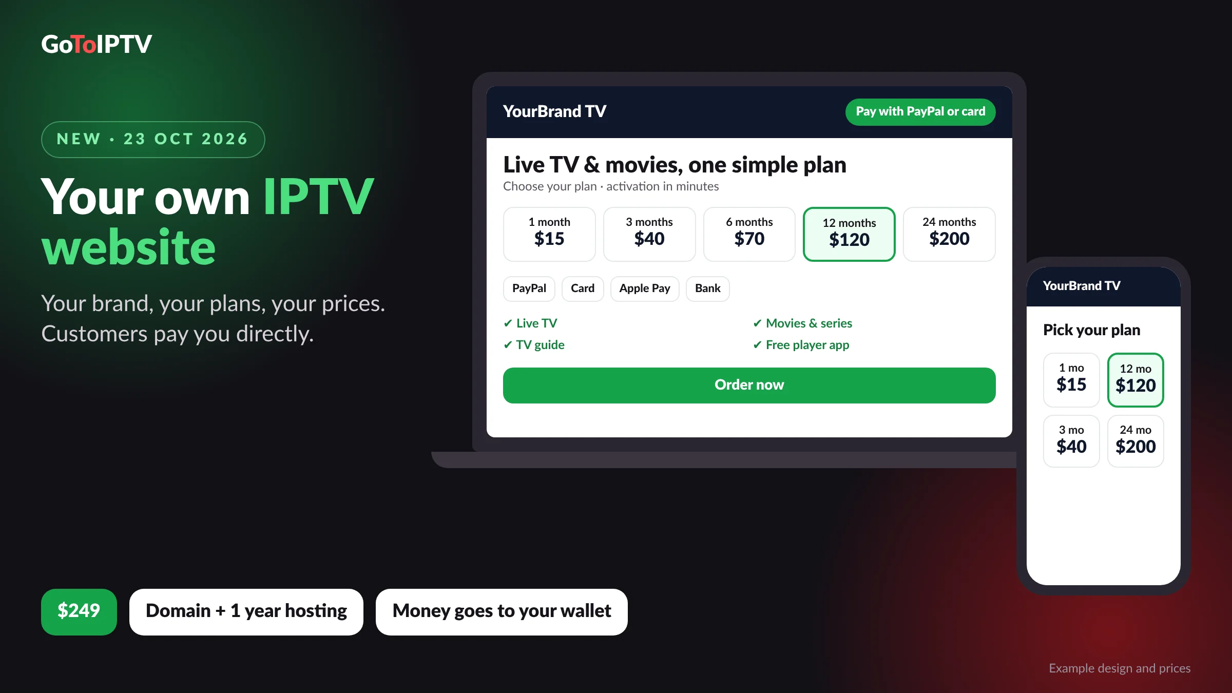 IPTV website for resellers: your own store with plans and payments, $249