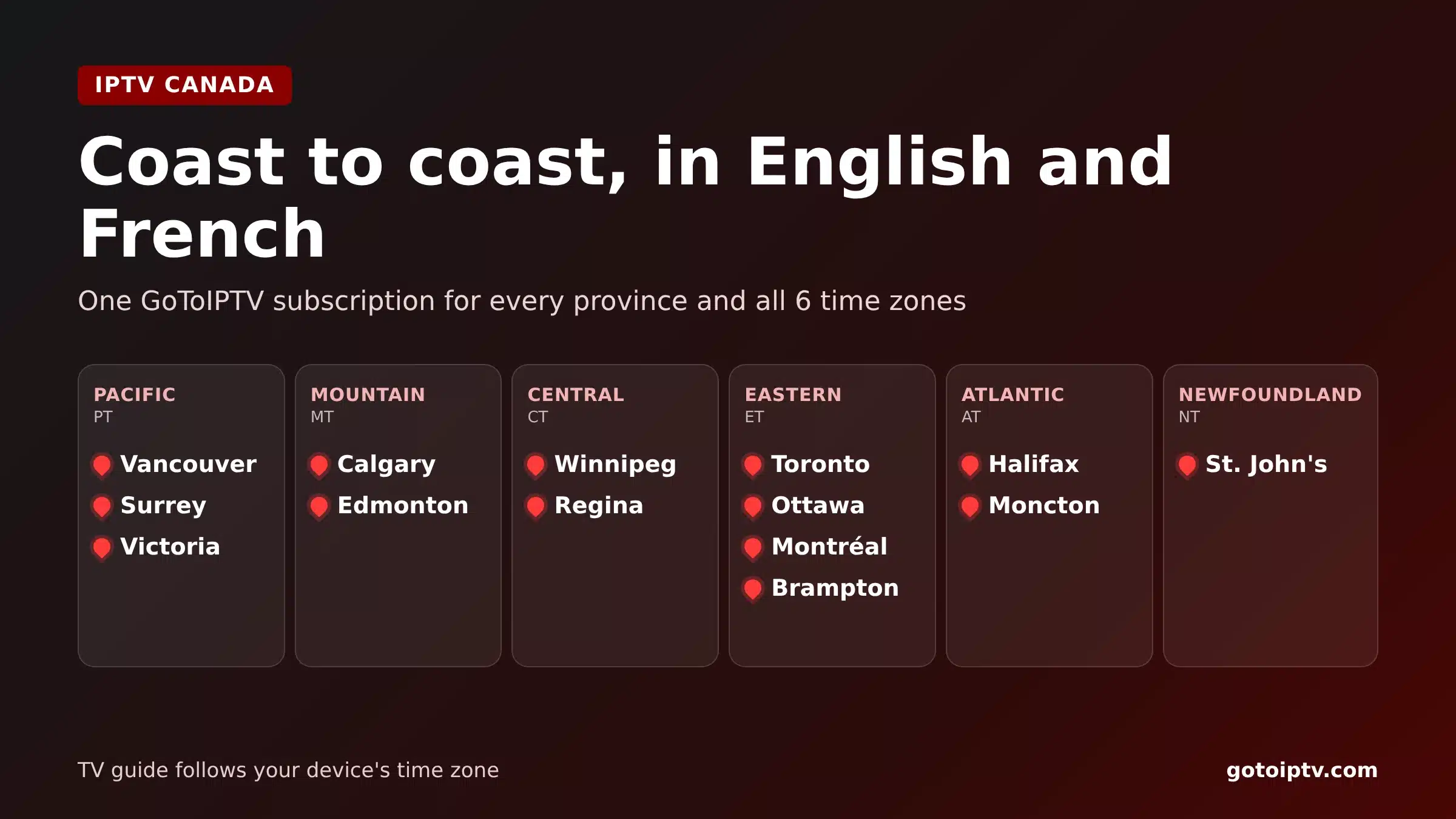 IPTV service Canada in Vancouver, Calgary, Toronto, Ottawa and Montréal across 6 time zones