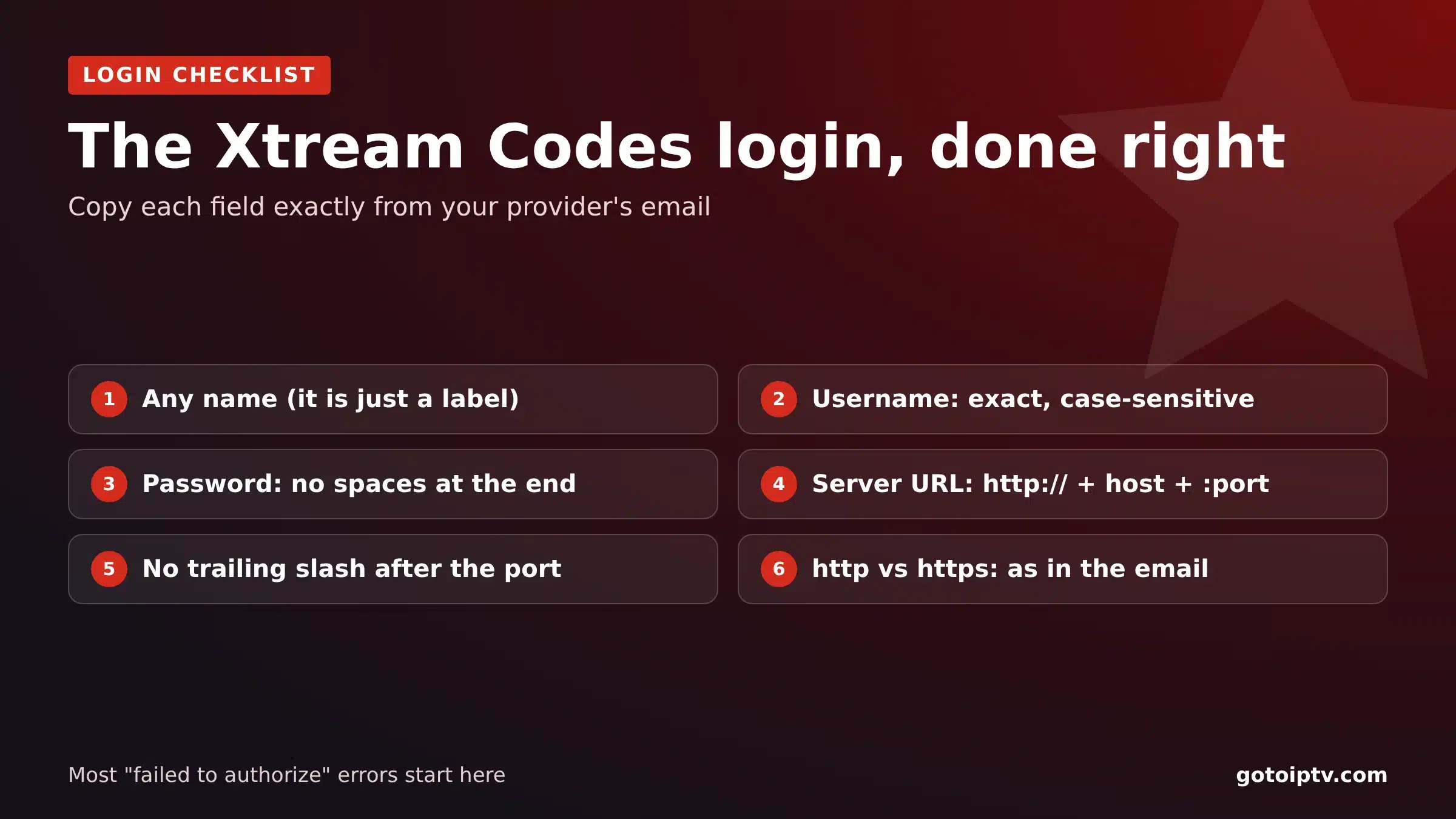 IPTV Smarters Xtream Codes login checklist to fix failed to authorize