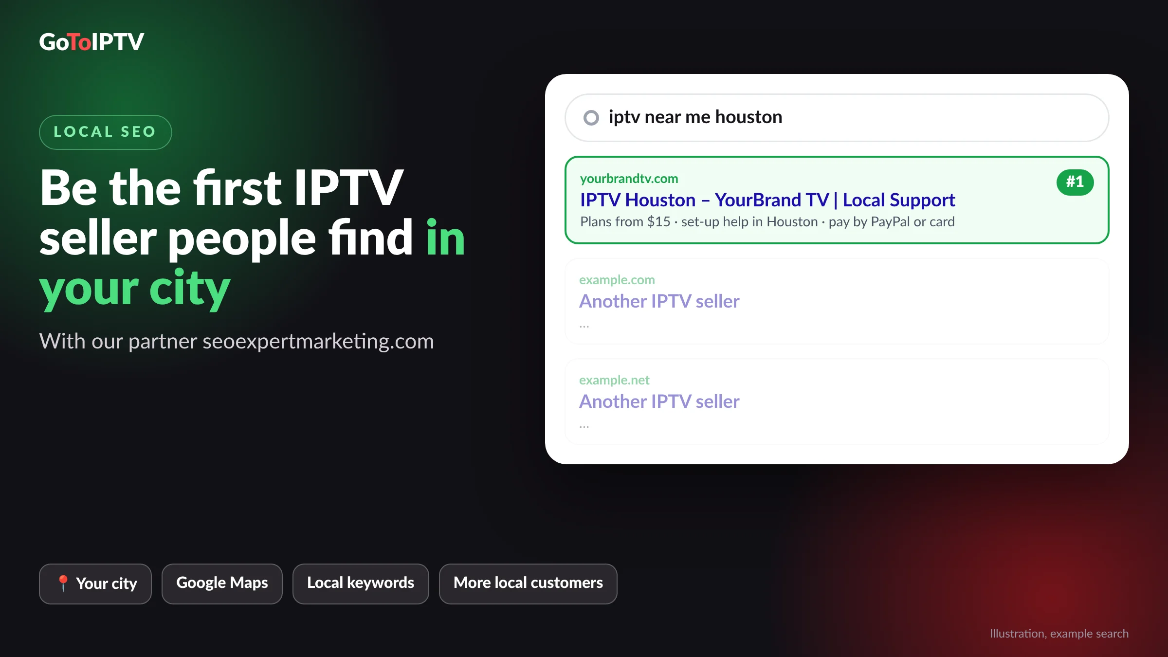 Local IPTV SEO for resellers: rank first in your city with seoexpertmarketing.com