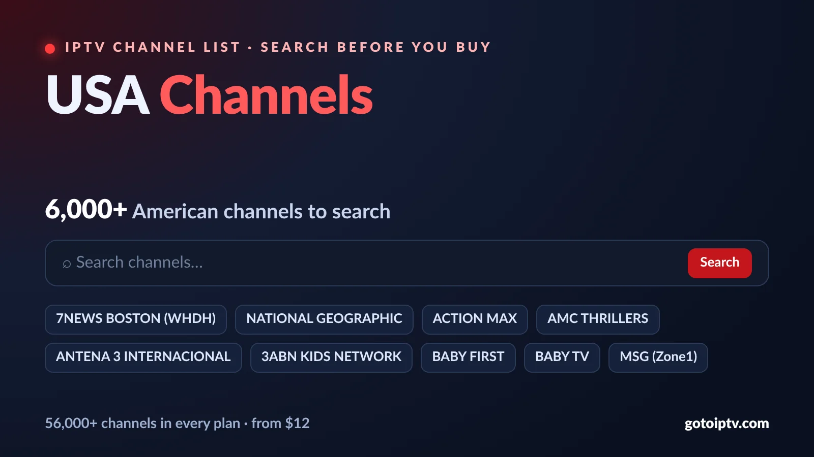 USA IPTV channels list with live search: American news, entertainment and local stations